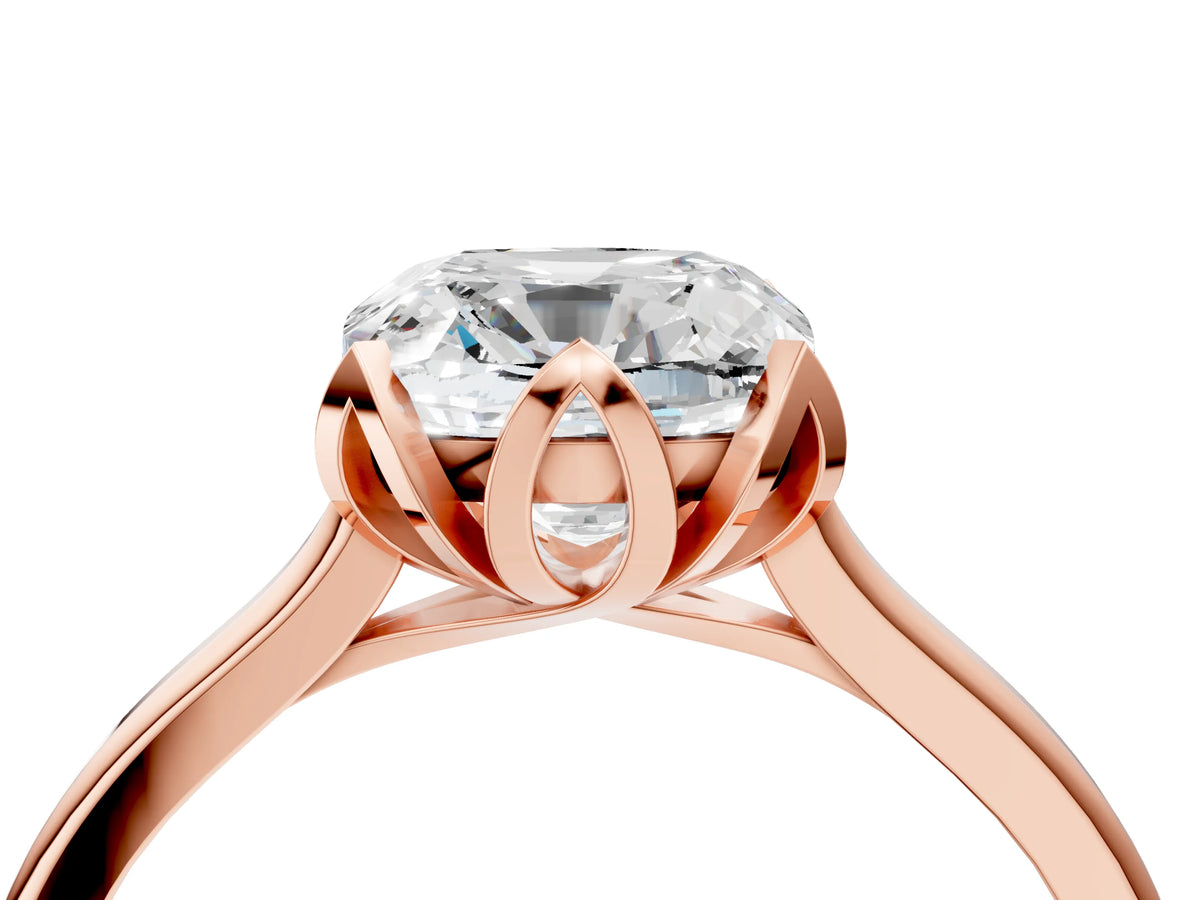 Cushion Cut Diamond Solitaire Ring in Rose gold with Flower Prong Setting