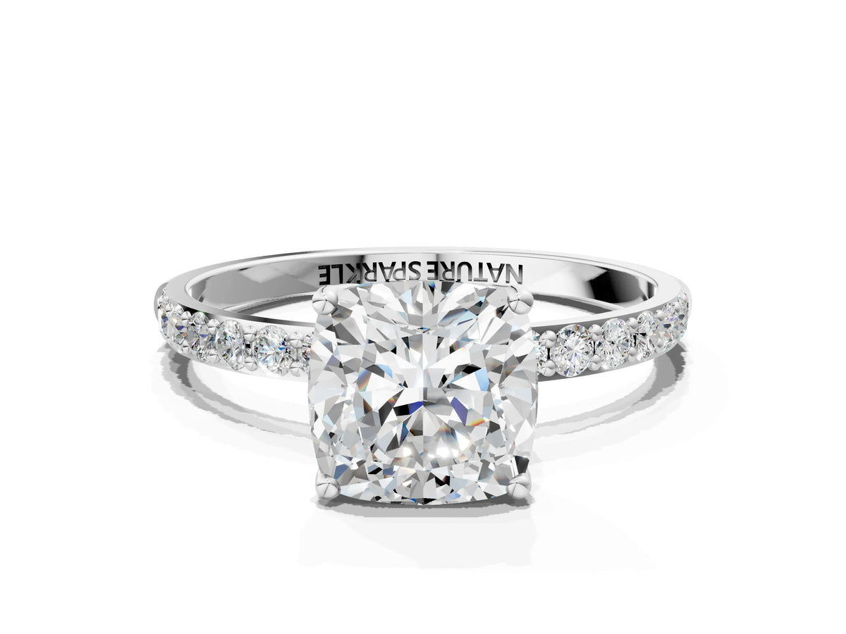 Cushion Cut Diamond Solitaire Ring in Silver with Round Shared Prong Pavé Band