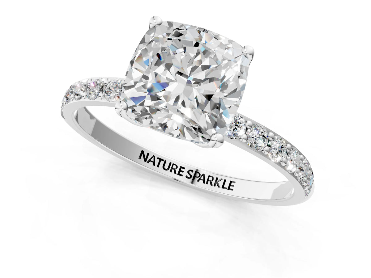 Cushion Cut Diamond Solitaire Ring in Silver with Round Shared Prong Pavé Band