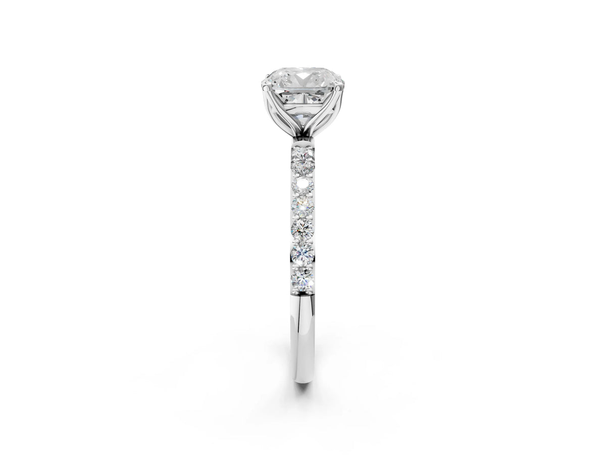 Cushion Cut Diamond Solitaire Ring in White gold with Round Shared Prong Pavé Band