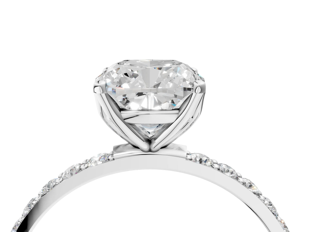 Cushion Cut Diamond Solitaire Ring in Silver with Round Shared Prong Pavé Band