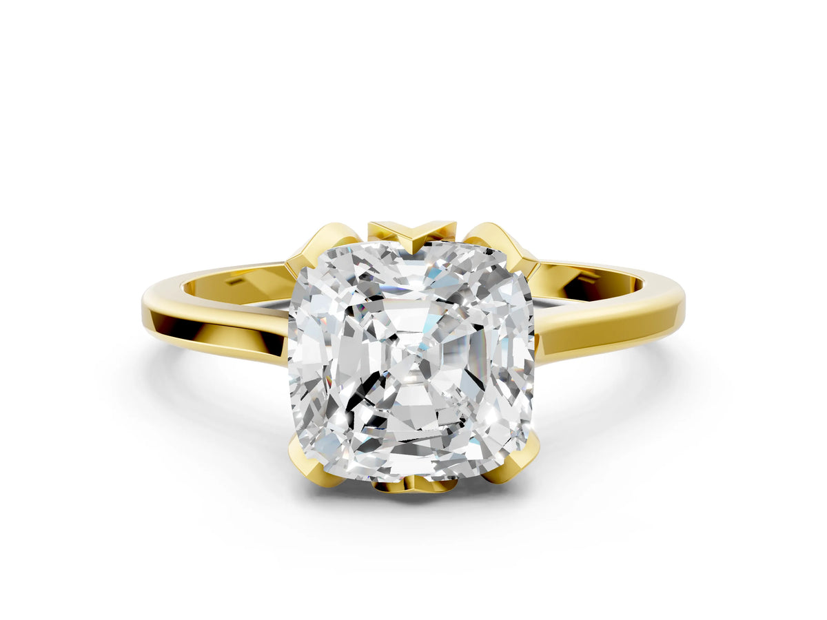 Cushion Cut Diamond Solitaire Ring in Yellow gold with Flower Prong Setting