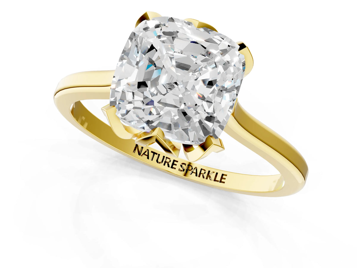 Cushion Cut Diamond Solitaire Ring in Yellow gold with Flower Prong Setting