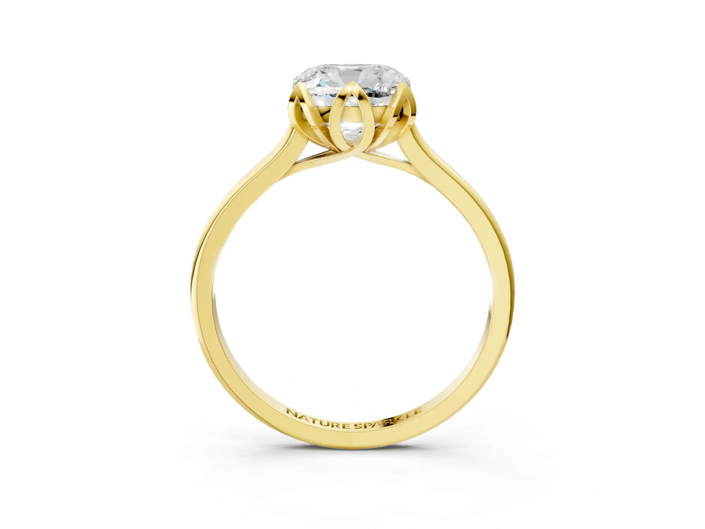 Cushion Cut Diamond Solitaire Ring in Yellow gold with Flower Prong Setting