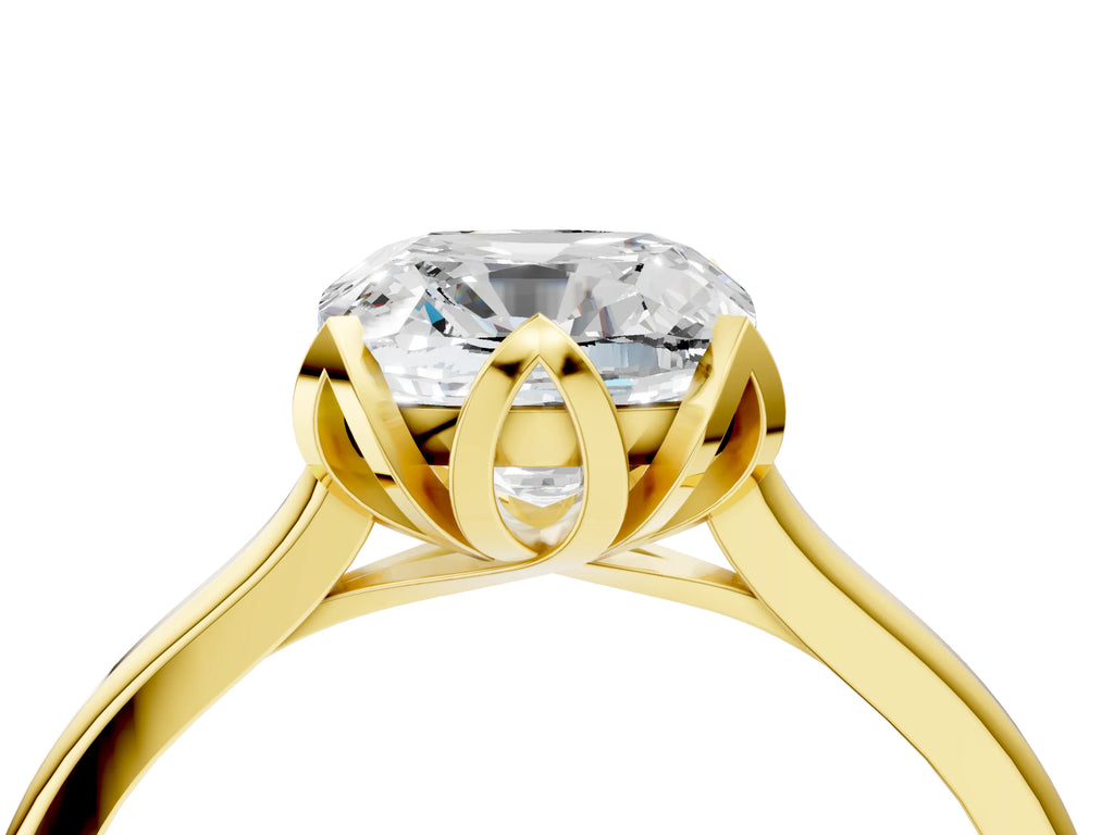 Cushion Cut Diamond Solitaire Ring in Yellow gold with Flower Prong Setting