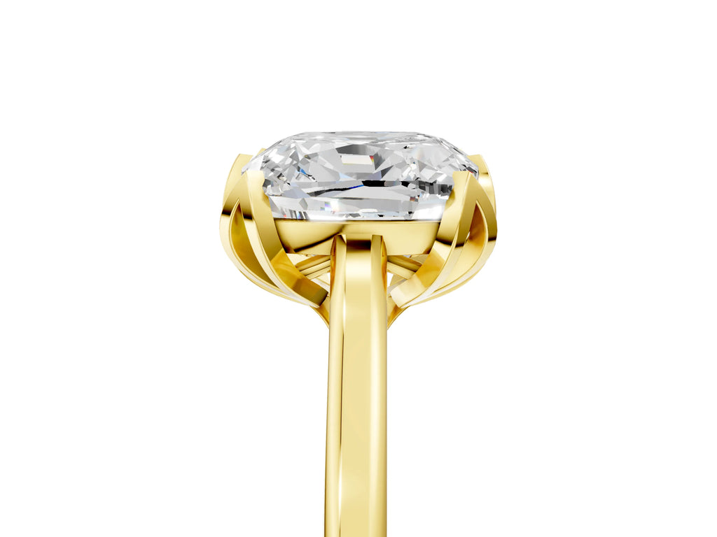 Cushion Cut Diamond Solitaire Ring in Yellow gold with Flower Prong Setting