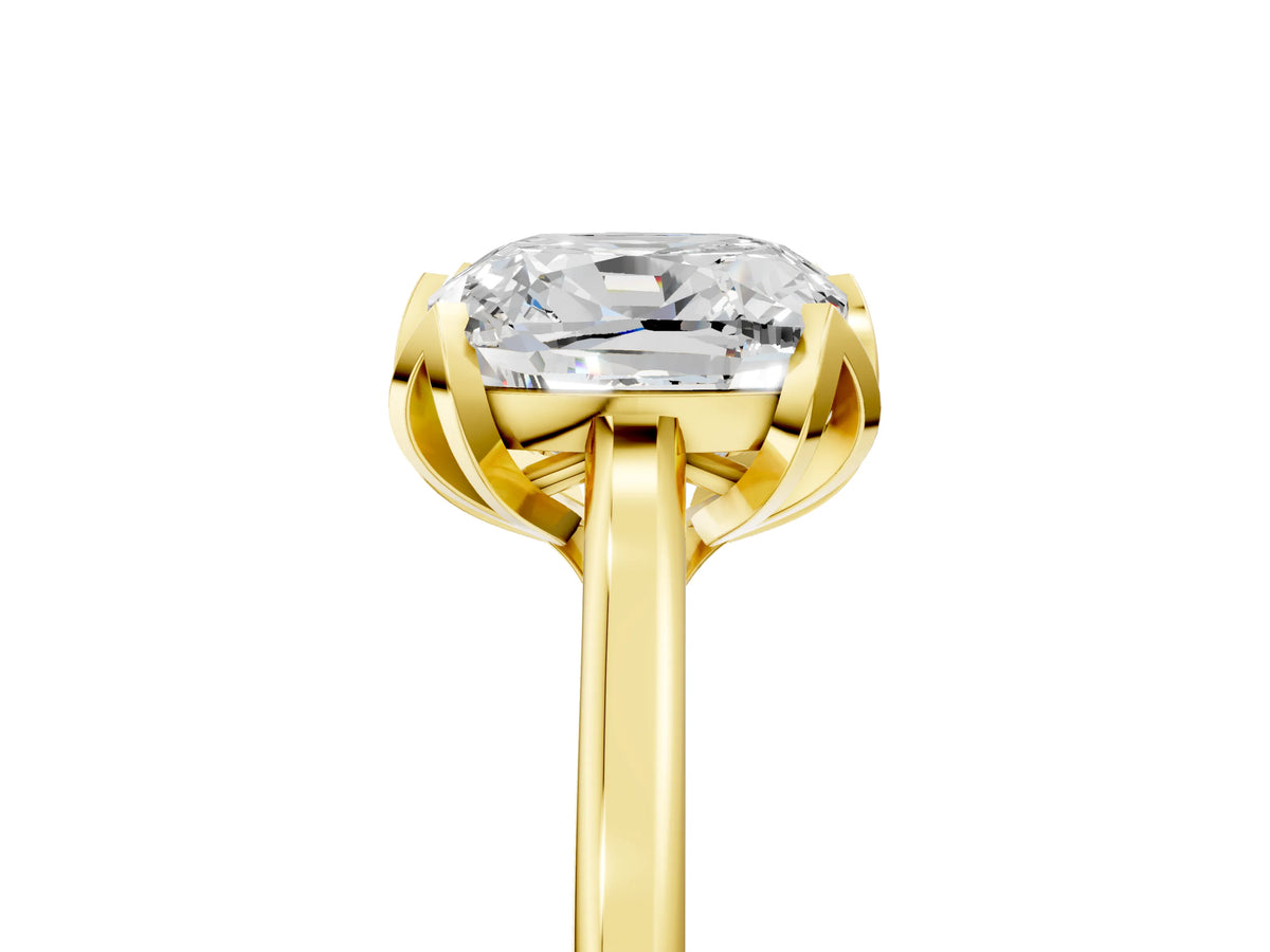 Cushion Cut Diamond Solitaire Ring in Yellow gold with Flower Prong Setting