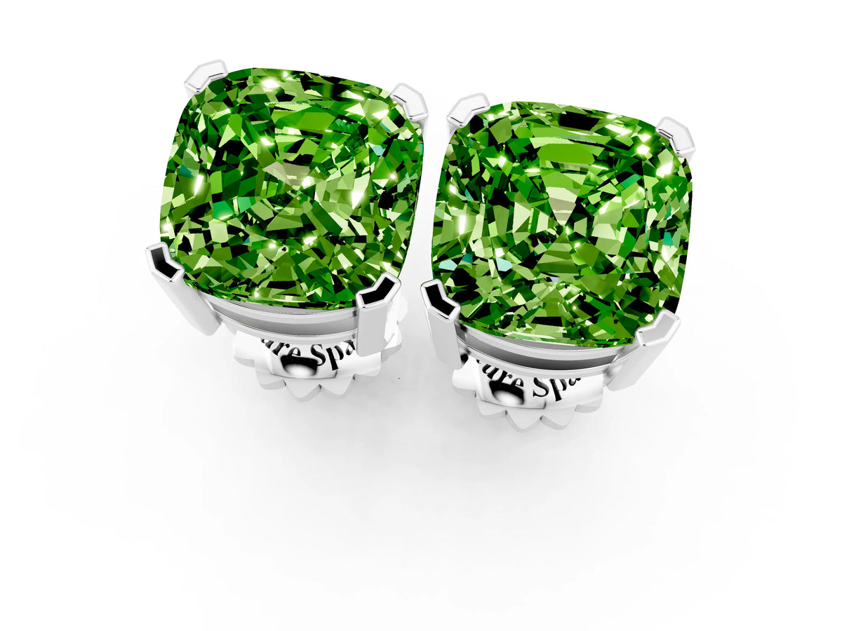 Cushion Cut Peridot Stud Earrings in White gold with Basket Setting