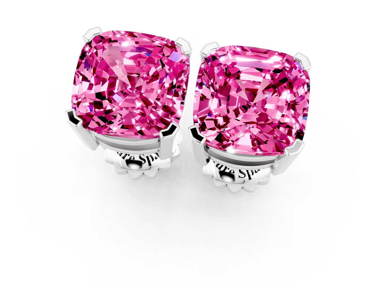 Cushion Cut Pink Sapphire Stud Earrings in Platinum with Basket Setting