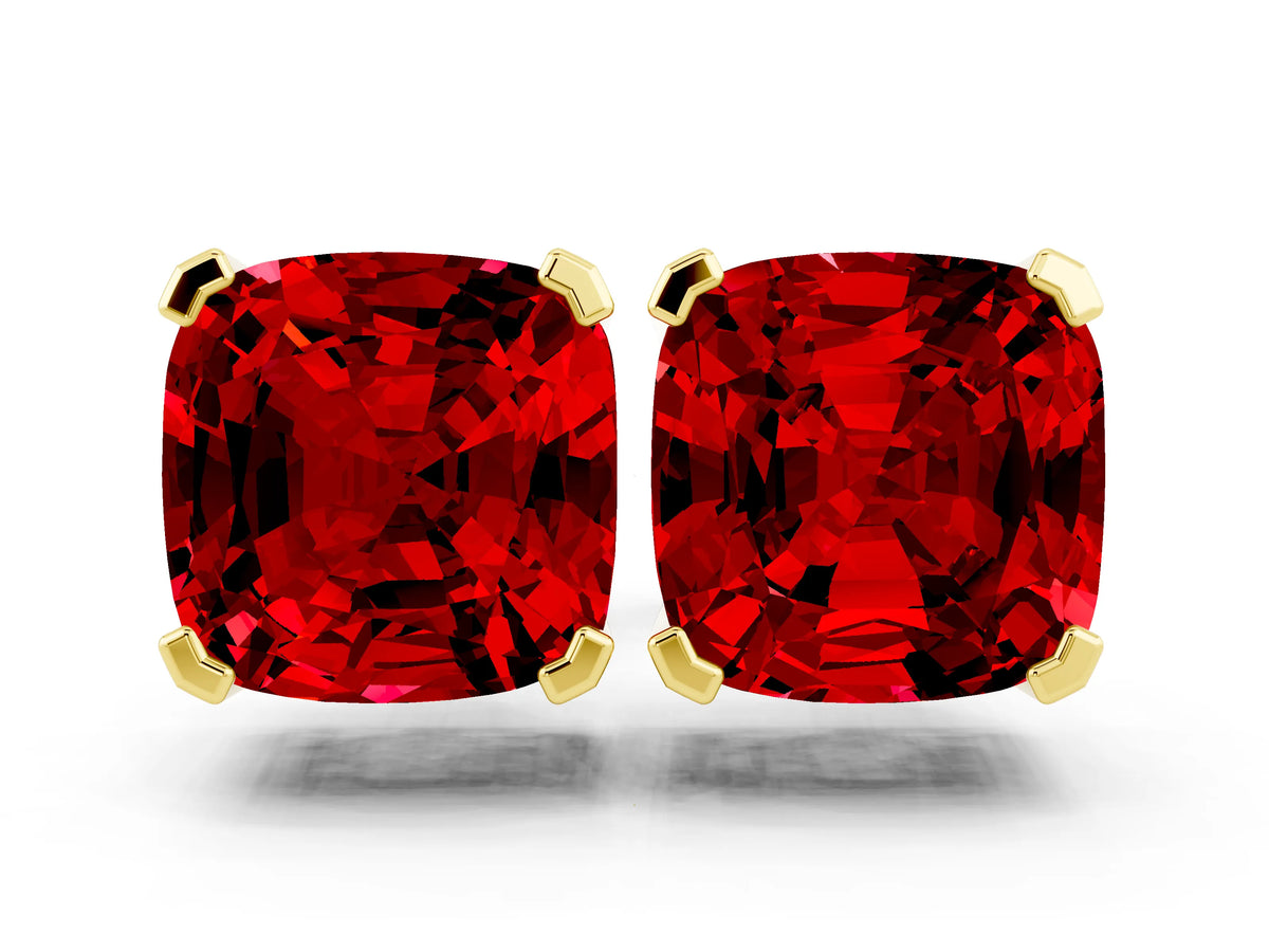 Cushion Cut Ruby Stud Earrings in Yellow gold with Basket Setting