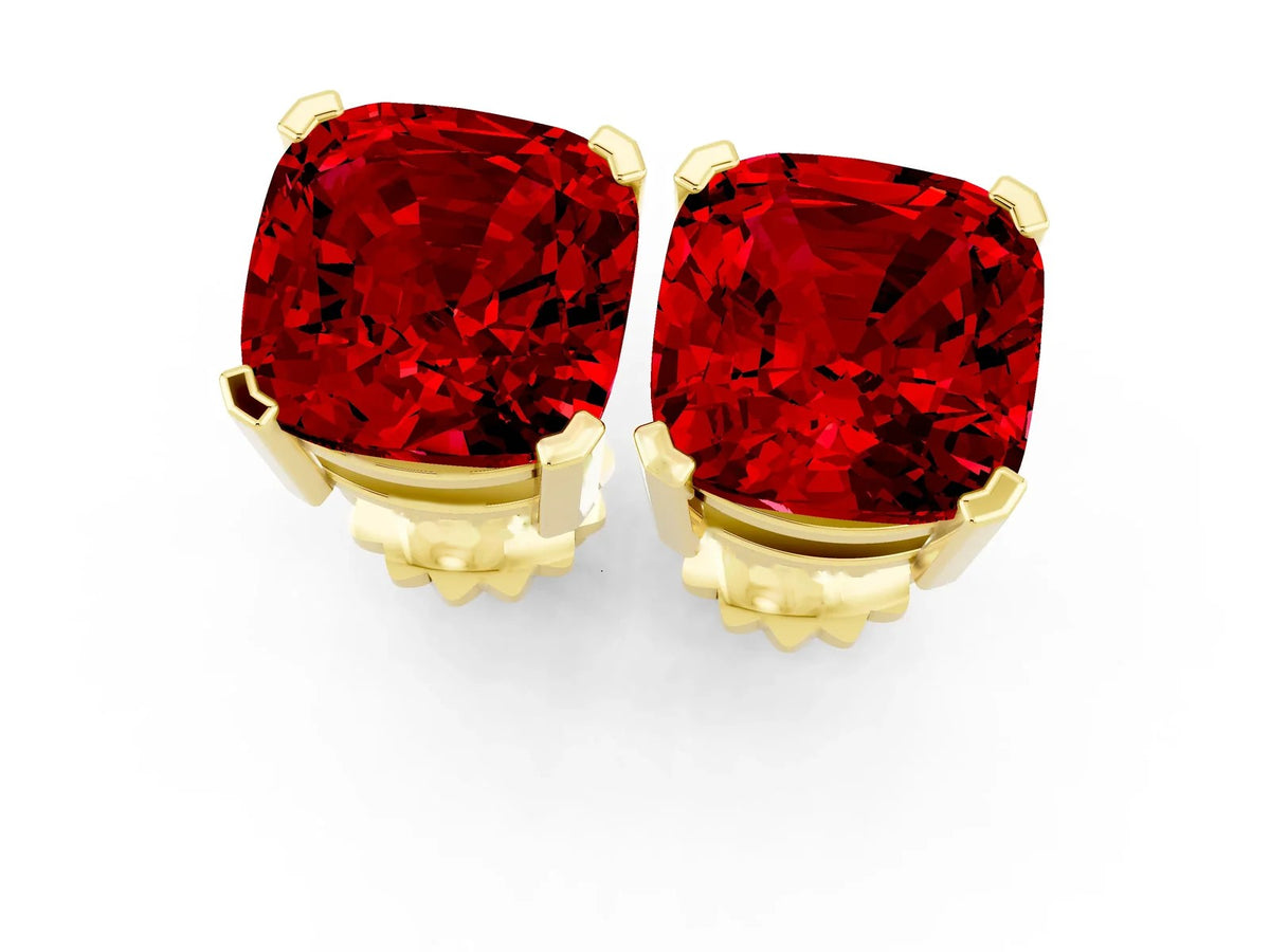Cushion Cut Ruby Stud Earrings in Yellow gold with Basket Setting 