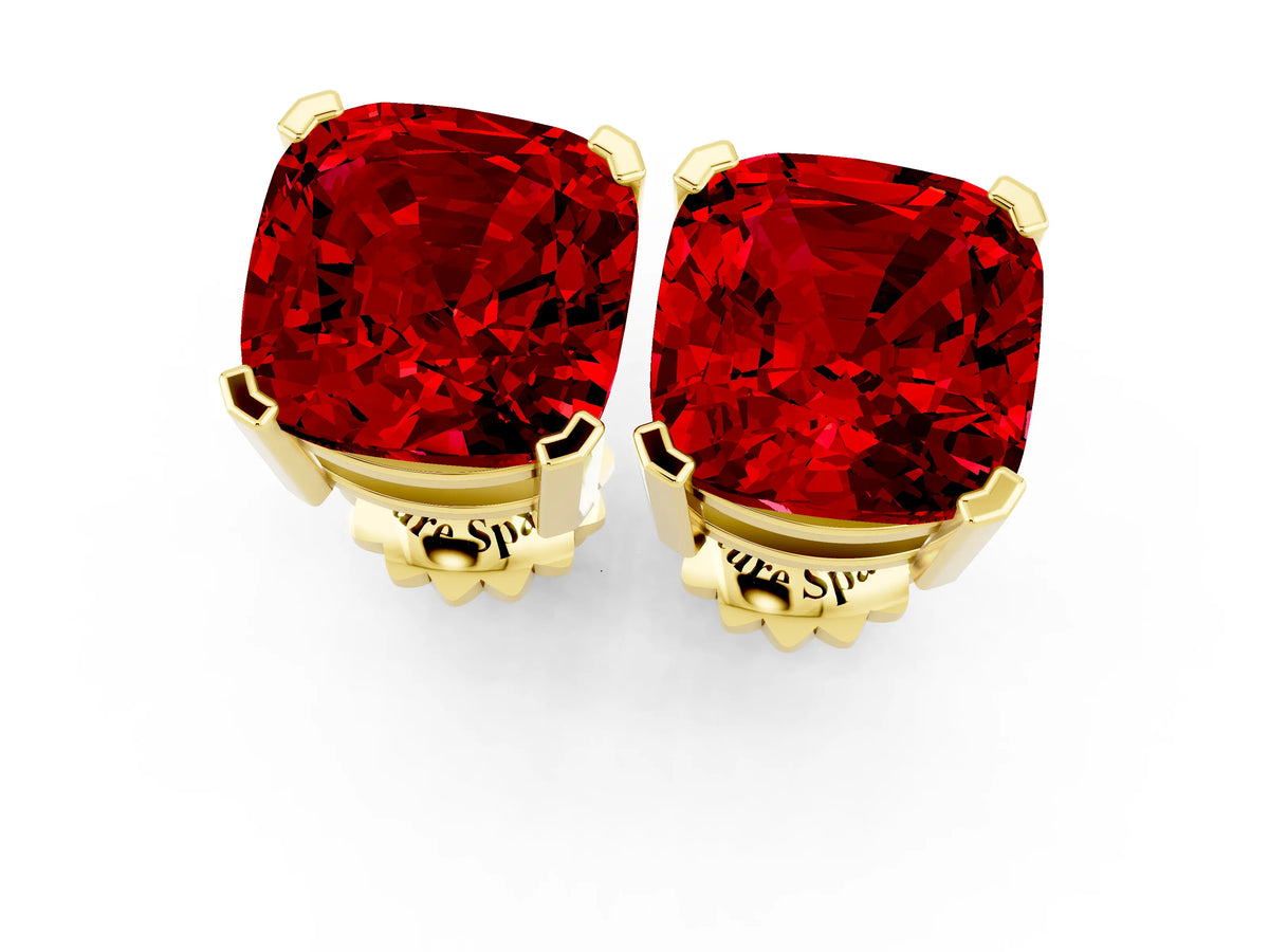 Cushion Cut Ruby Stud Earrings in Yellow gold with Basket Setting