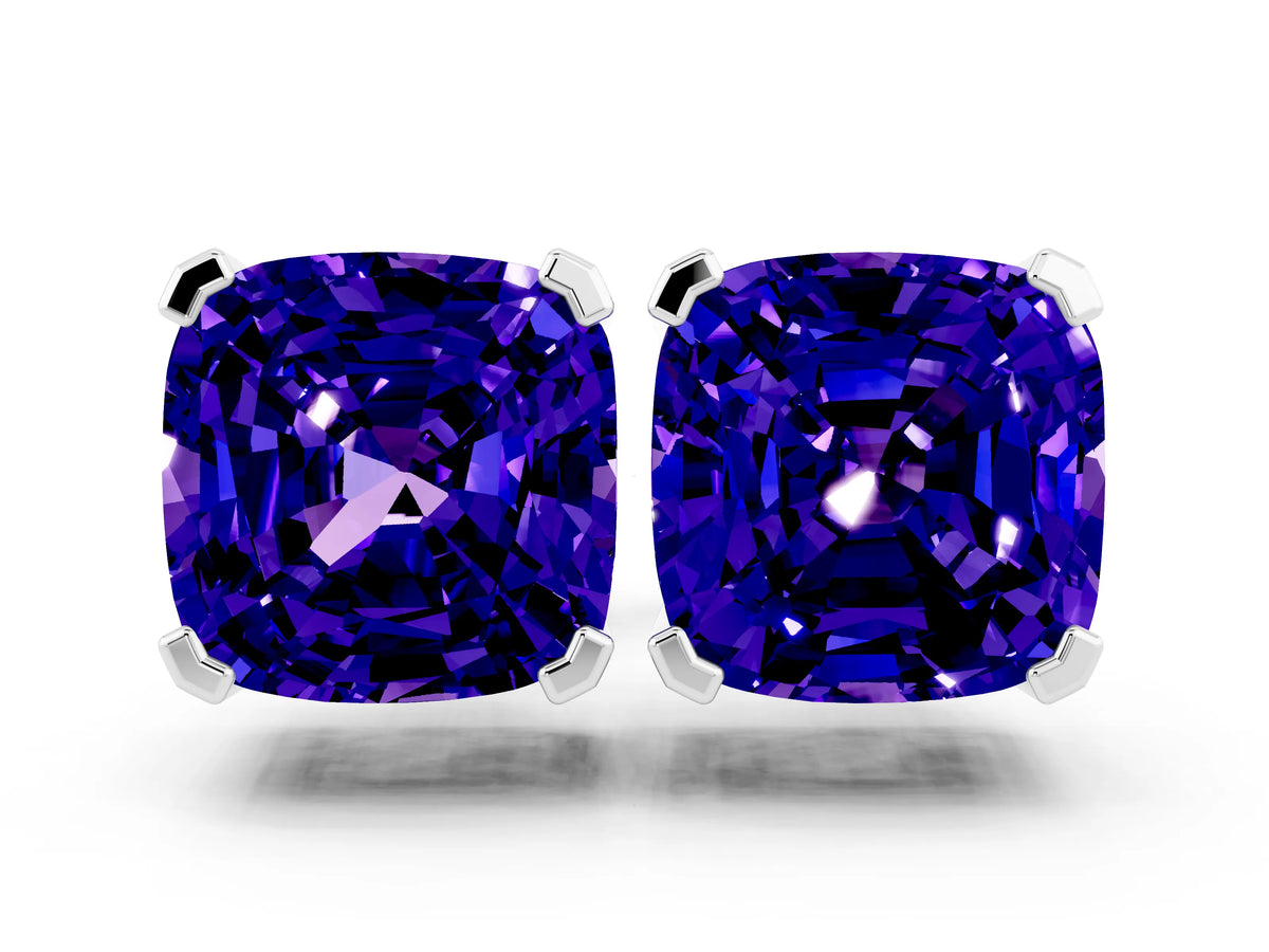 Cushion Cut Tanzanite Stud Earrings in Platinum with Basket Setting