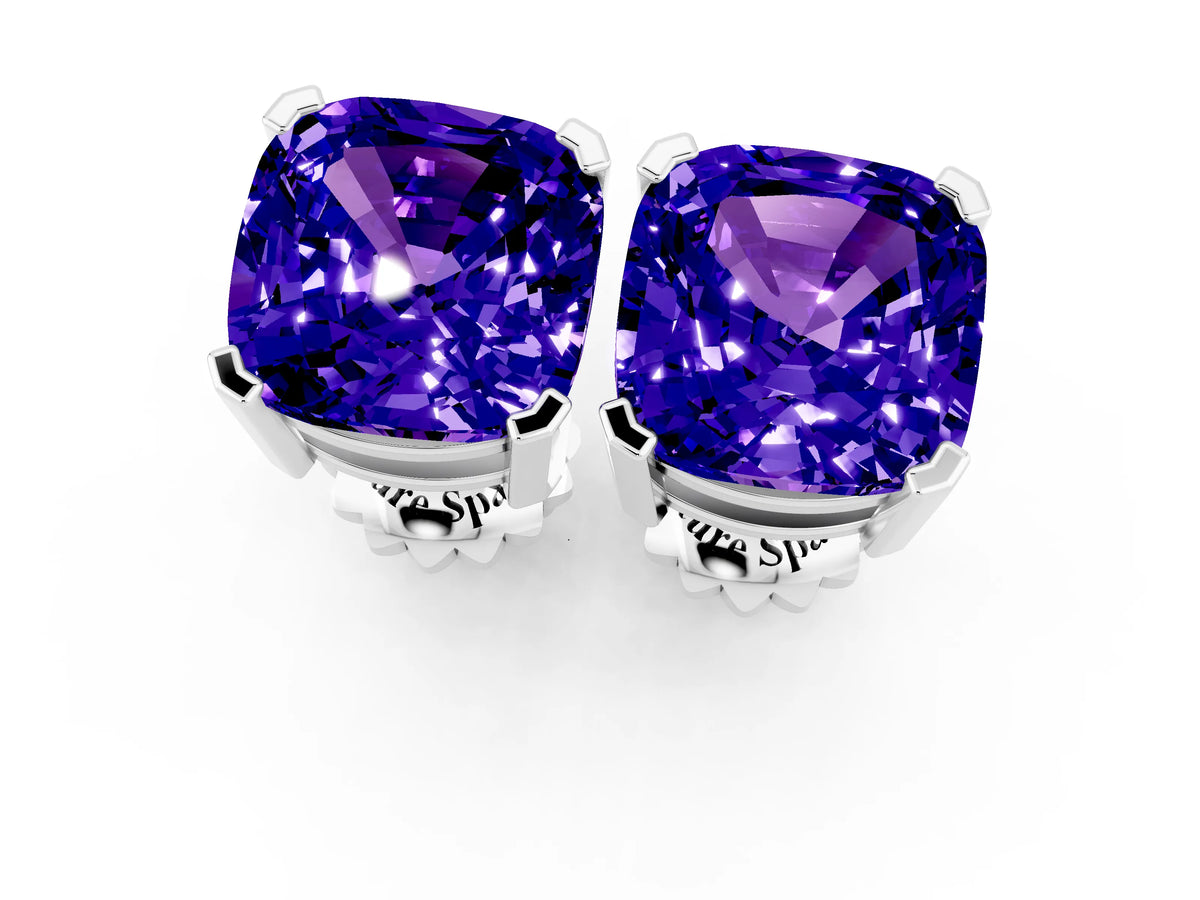 Cushion Cut Tanzanite Stud Earrings in Platinum with Basket Setting