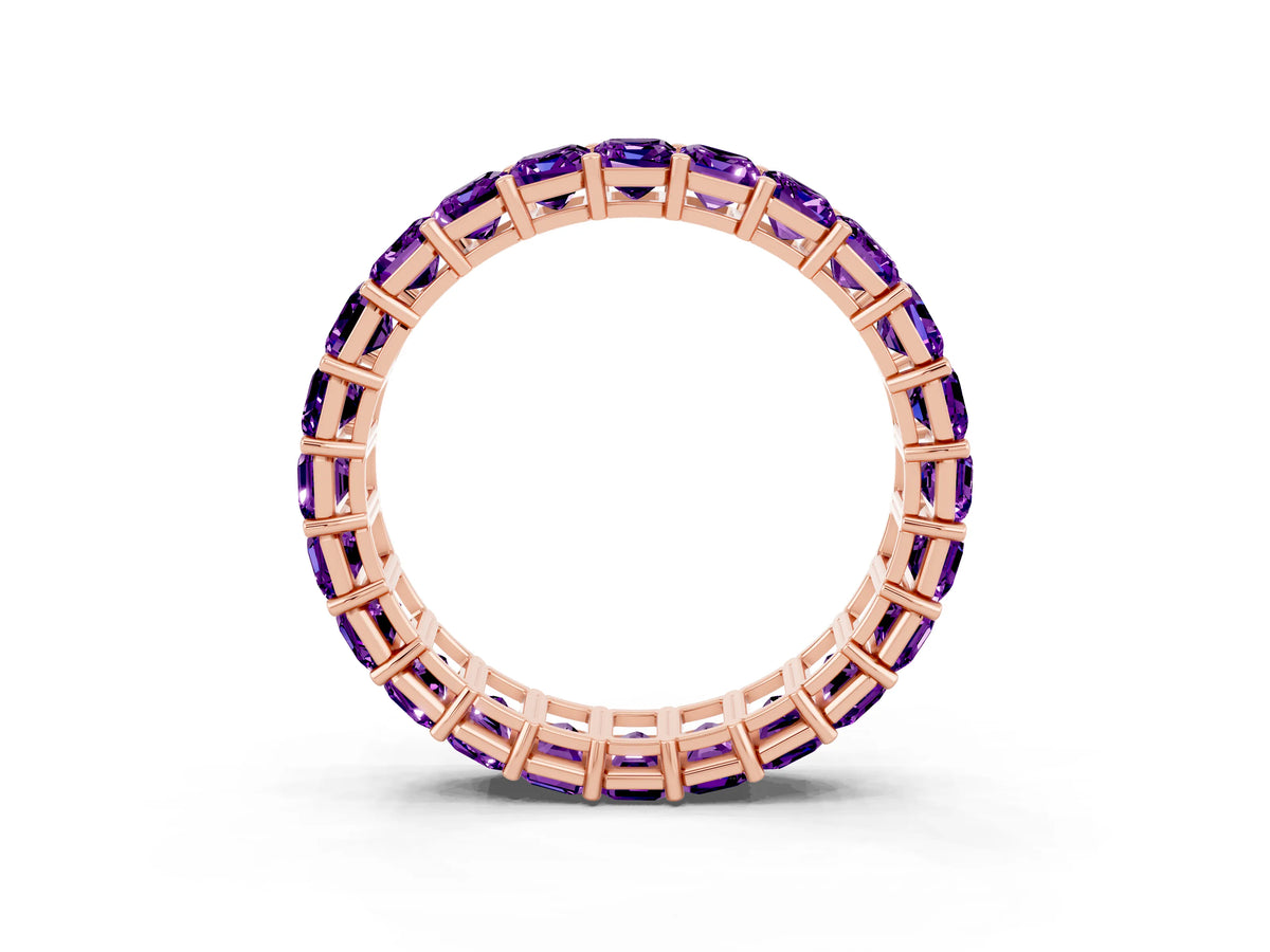 Emerald Cut Amethyst Eternity Band in Rose gold with Aligned Shared Prong Setting