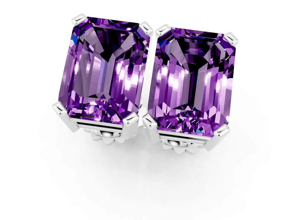 Emerald Cut Amethyst Stud Earrings in Platinum with Basket Setting