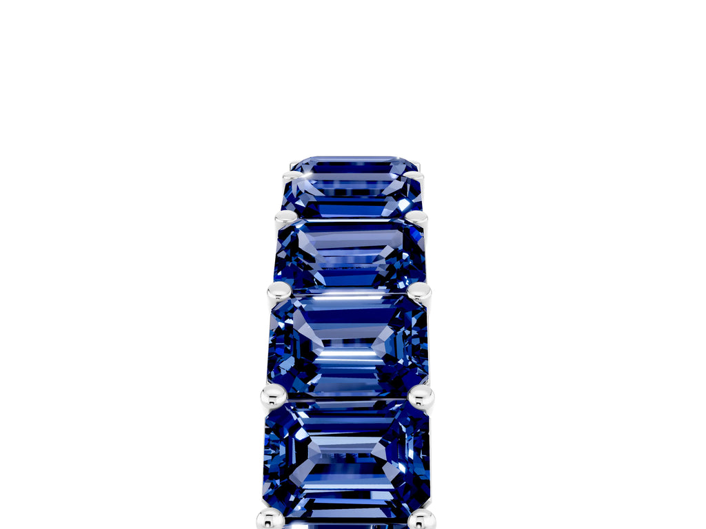 Emerald Cut Blue Sapphire Eternity Band in White gold with Aligned Shared Prong Setting