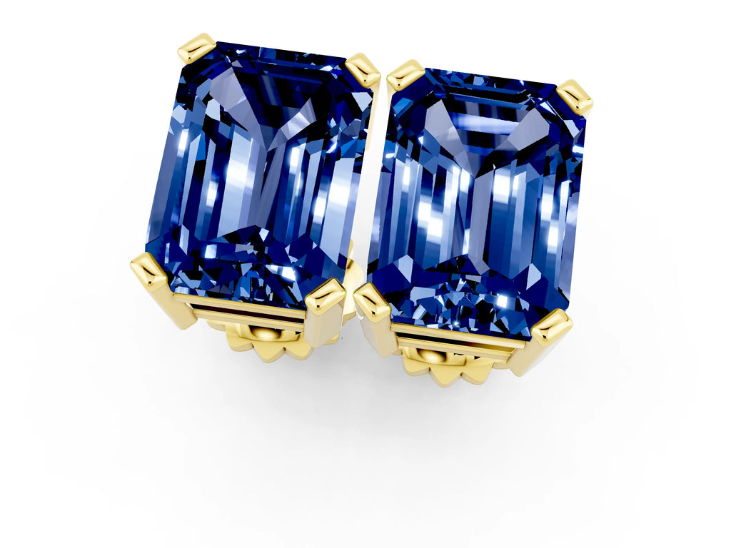 Emerald Cut Blue Sapphire Stud Earrings in Yellow gold with Basket Setting
