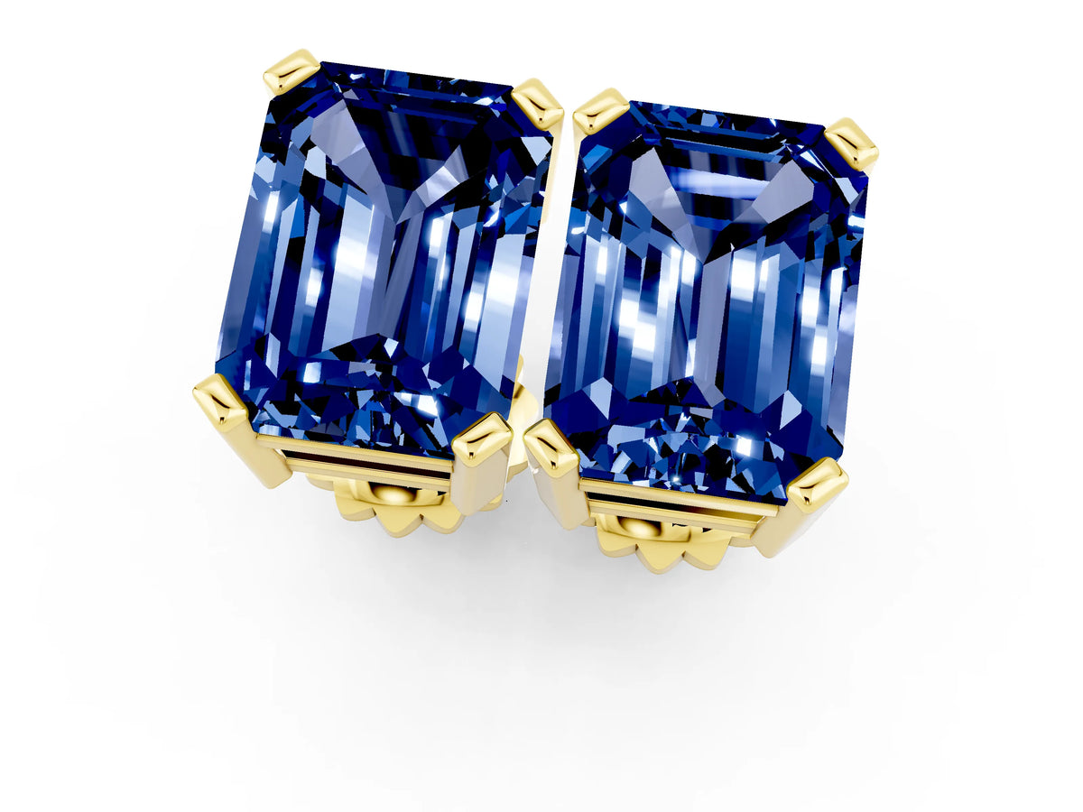 Emerald Cut Blue Sapphire Stud Earrings in Yellow gold with Basket Setting