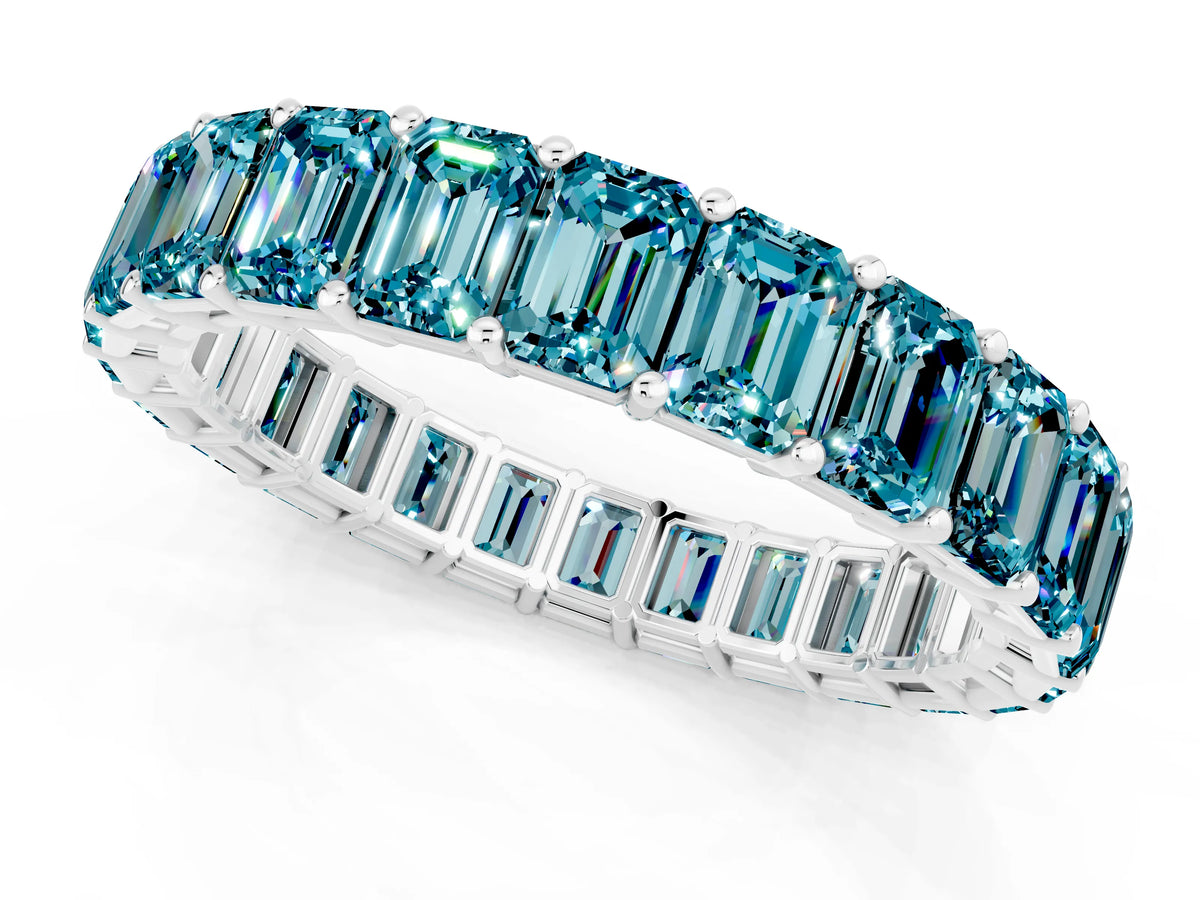Emerald Cut Blue Topaz Eternity Band in Silver with Aligned Shared Prong Setting