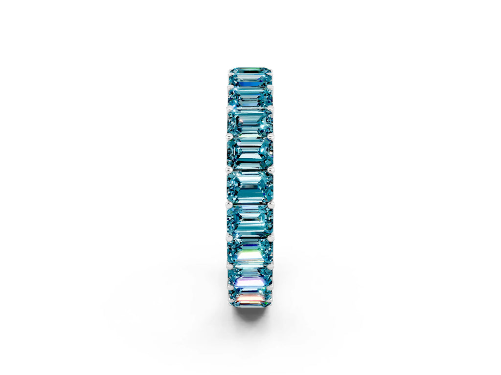 Emerald Cut Blue Topaz Eternity Band in Silver with Aligned Shared Prong Setting