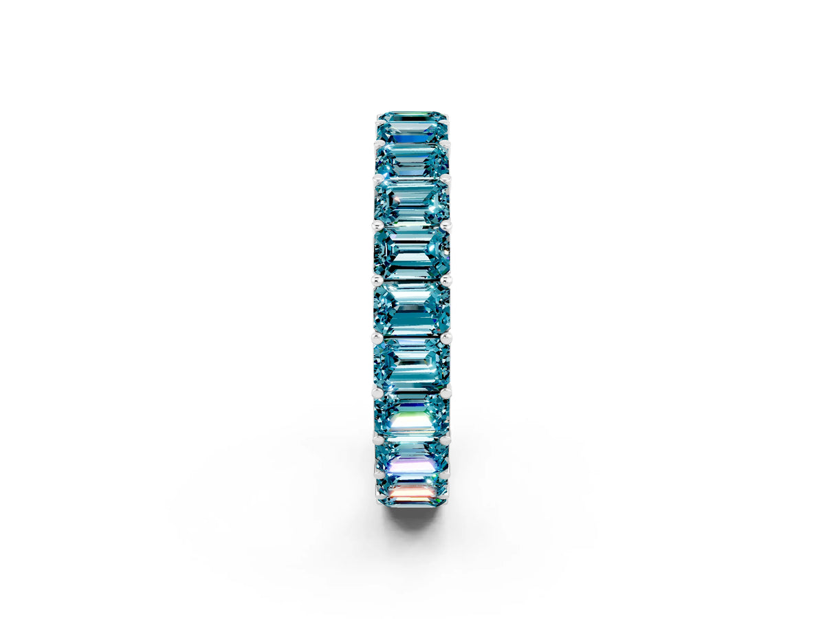 Emerald Cut Blue Topaz Eternity Band in Silver with Aligned Shared Prong Setting