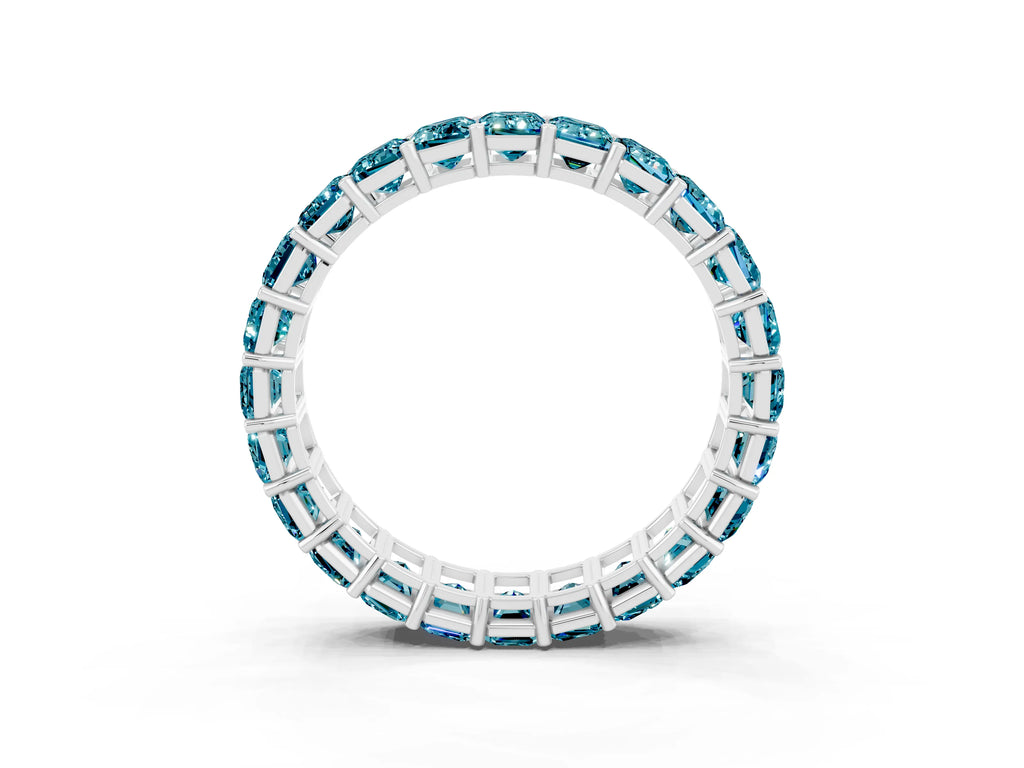 Emerald Cut Blue Topaz Eternity Band in Silver with Aligned Shared Prong Setting
