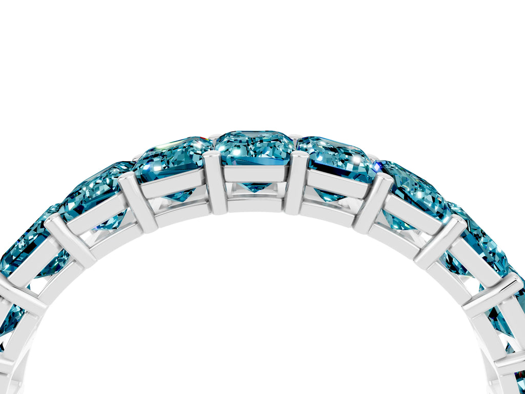 Emerald Cut Blue Topaz Eternity Band in Silver with Aligned Shared Prong Setting