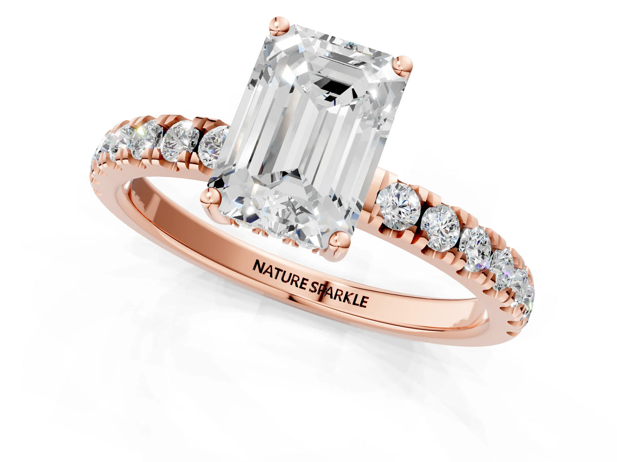 Emerald Cut Diamond Hidden Halo Engagement Ring in Rose gold with Round Pavé Band