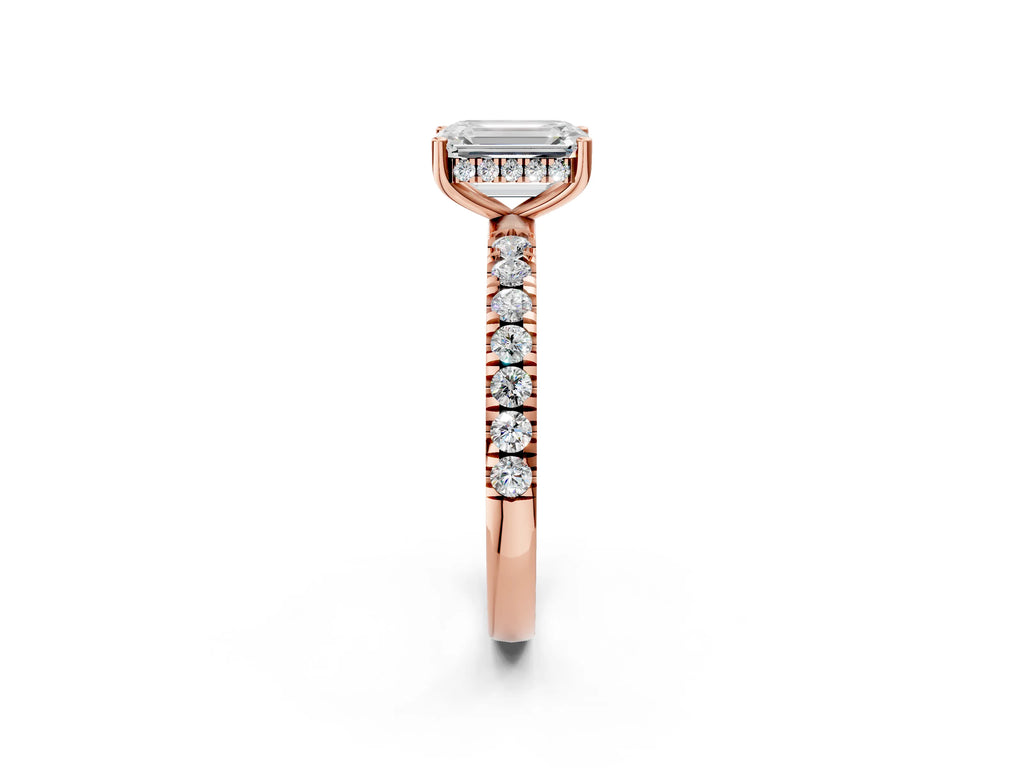 Emerald Cut Diamond Hidden Halo Engagement Ring in Rose gold with Round Pavé Band