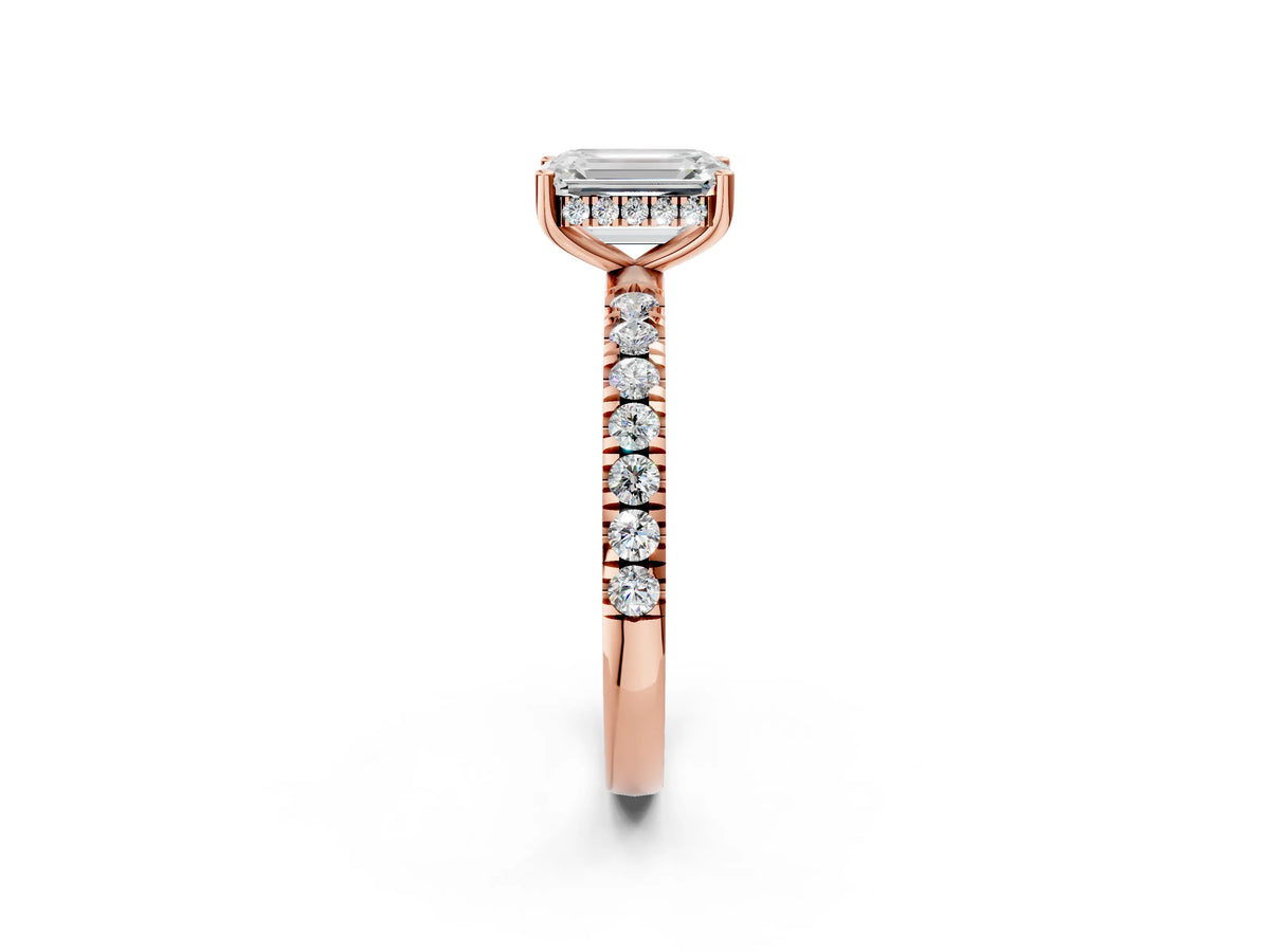 Emerald Cut Diamond Hidden Halo Engagement Ring in Rose gold with Round Pavé Band