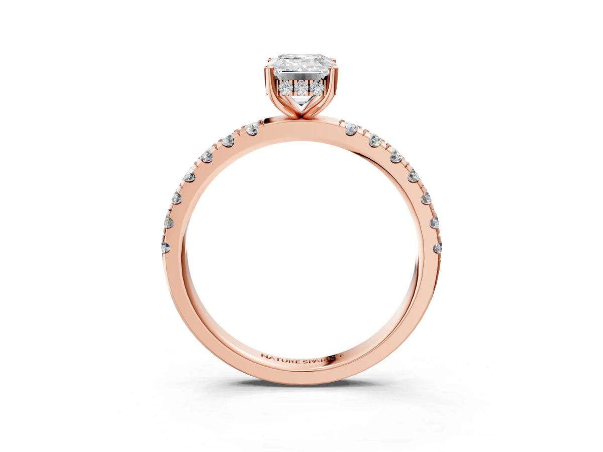 Emerald Cut Diamond Hidden Halo Engagement Ring in Rose gold with Round Pavé Band