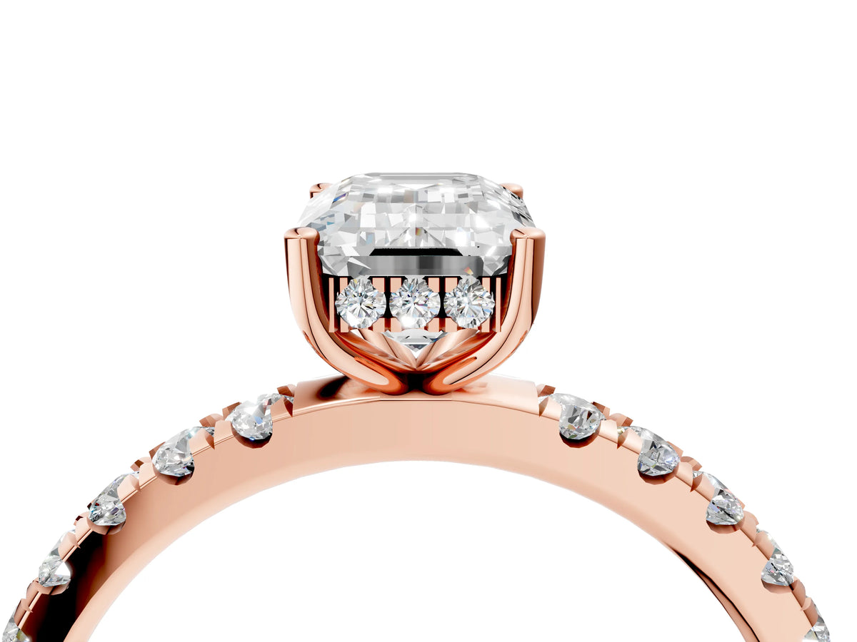 Emerald Cut Diamond Hidden Halo Engagement Ring in Rose gold with Round Pavé Band