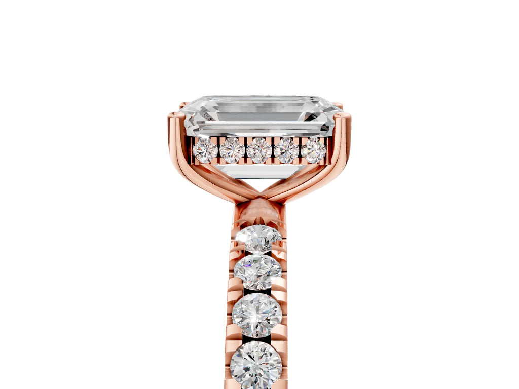 Emerald Cut Diamond Hidden Halo Engagement Ring in Rose gold with Round Pavé Band