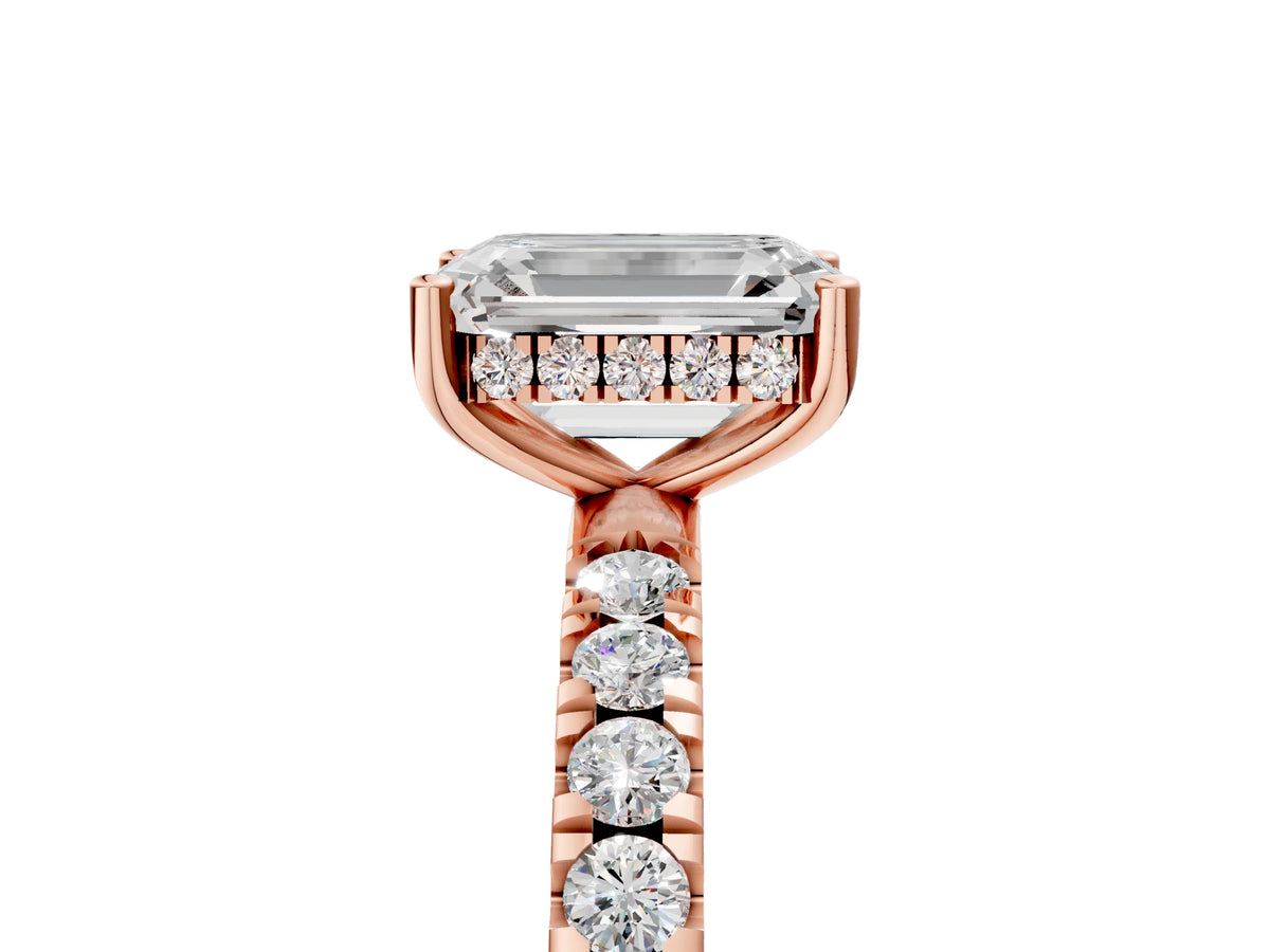 Emerald Cut Diamond Hidden Halo Engagement Ring in Rose gold with Round Pavé Band