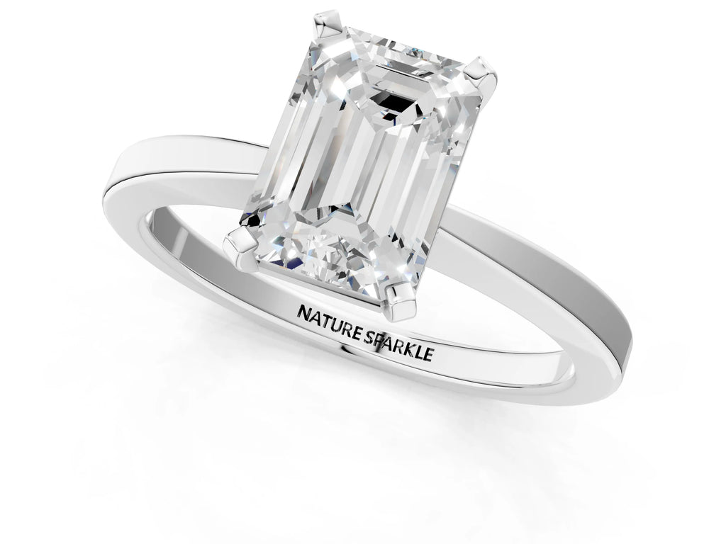 Emerald Cut Diamond Solitaire Engagement Ring in Silver with Prong Setting