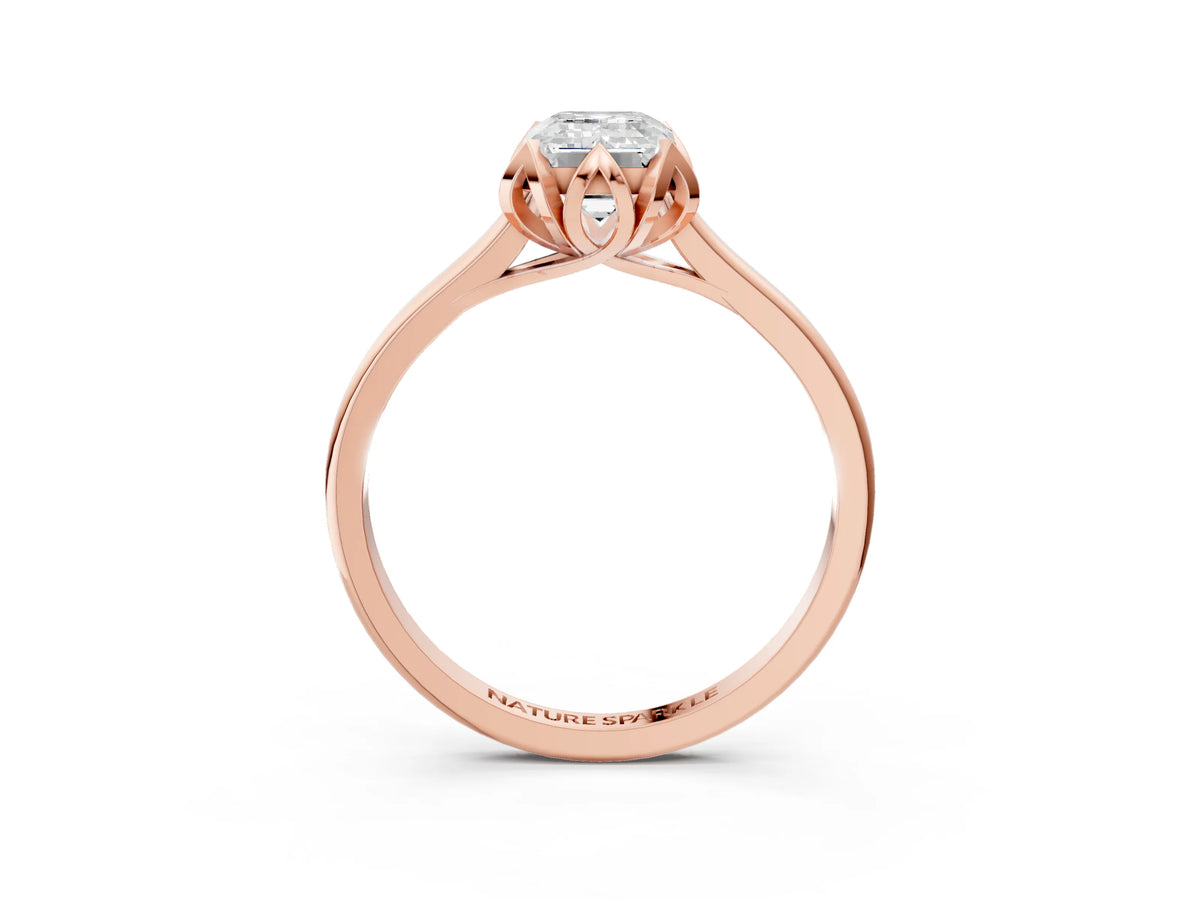 Emerald Cut Diamond Solitaire Ring in Rose gold with Flower Prong Setting