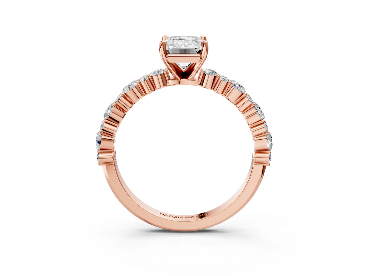Emerald Cut Diamond Solitaire Ring in Rose gold with Pear and Round Cluster Band