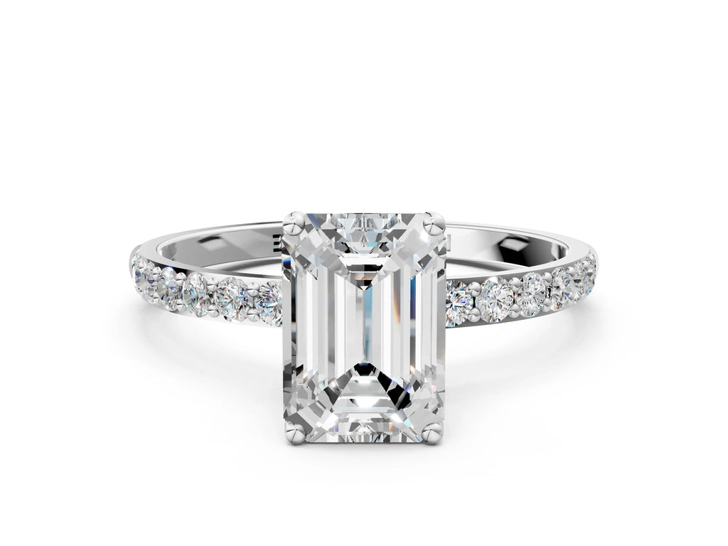 Emerald Cut Diamond Solitaire Ring in White gold with Round Shared Prong Pavé Band