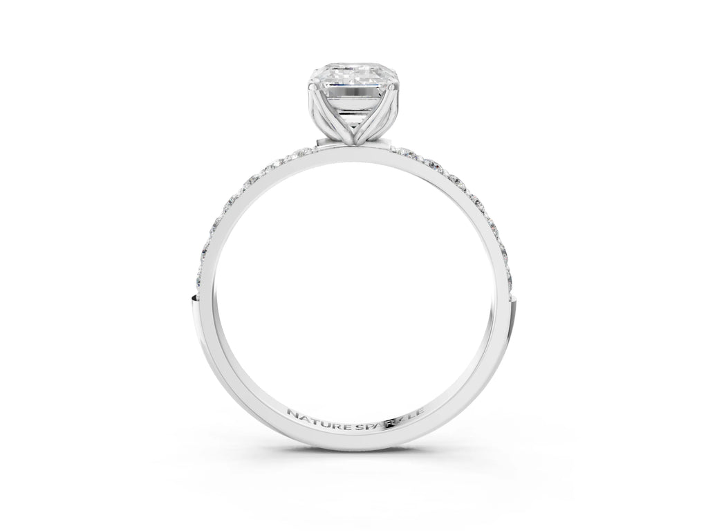 Emerald Cut Diamond Solitaire Ring in White gold with Round Shared Prong Pavé Band