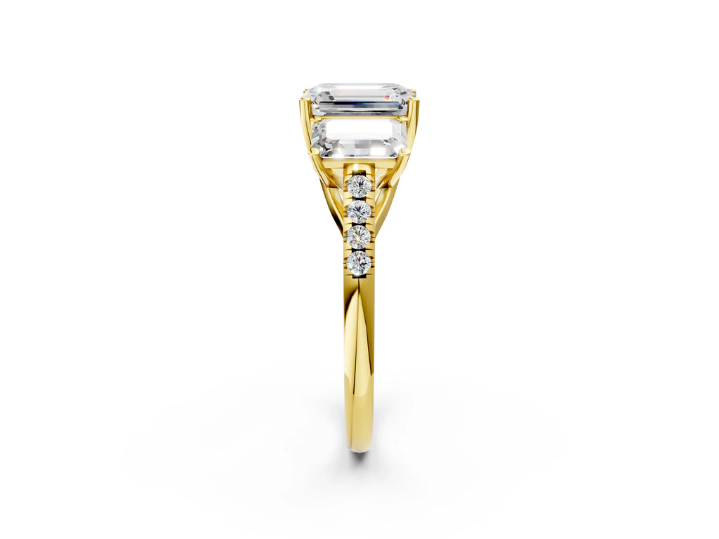 Emerald Cut Diamond Trellis Three-Stone Engagement Ring in Yellow gold with Round Side Stones