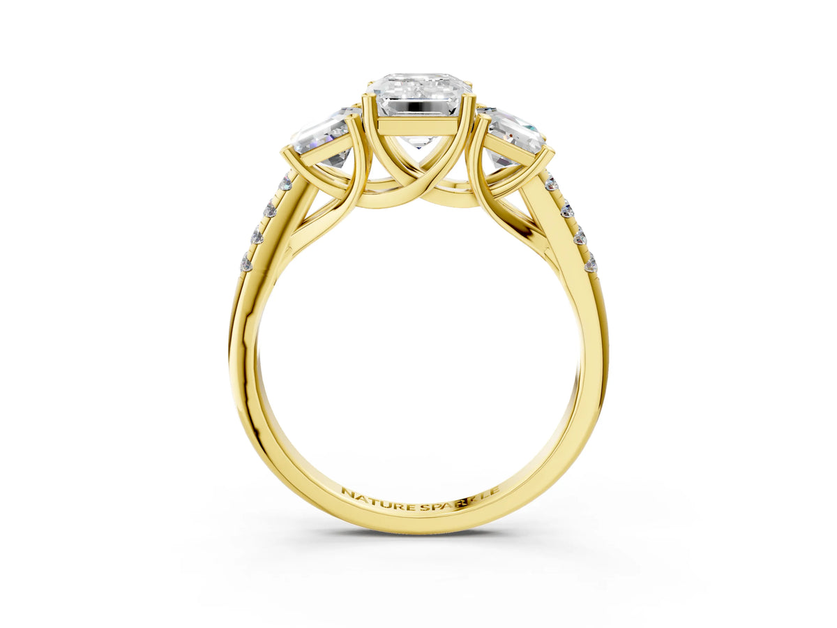 Emerald Cut Diamond Trellis Three-Stone Engagement Ring in Yellow gold with Round Side Stones