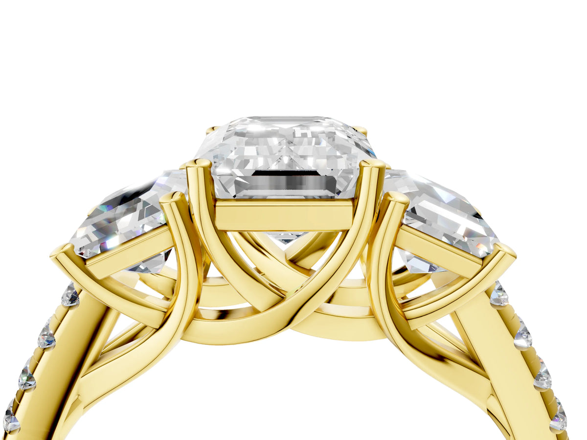 Emerald Cut Diamond Trellis Three-Stone Engagement Ring in Yellow gold with Round Side Stones