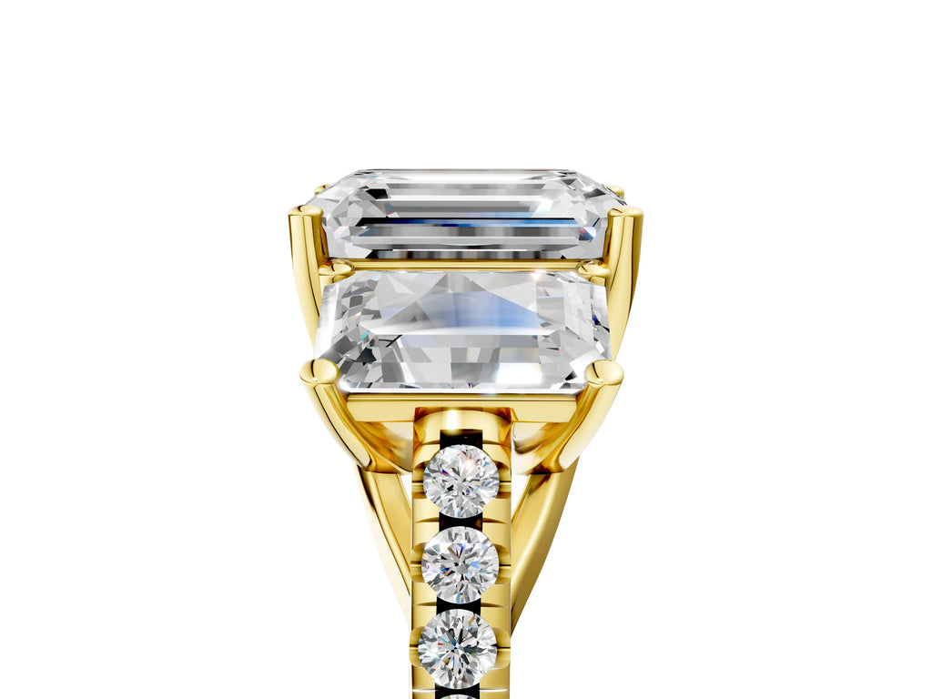 Emerald Cut Diamond Trellis Three-Stone Engagement Ring in Yellow gold with Round Side Stones