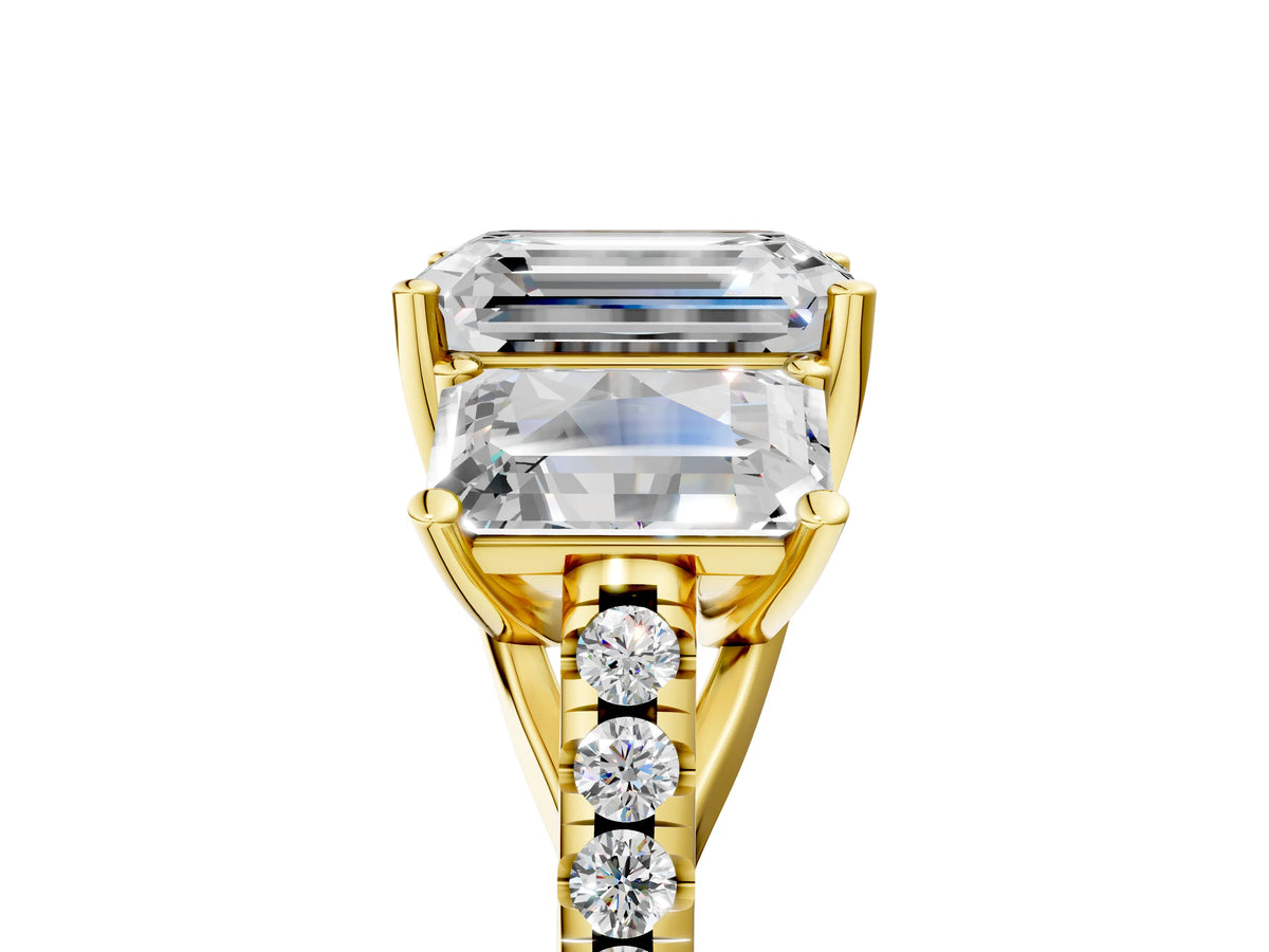 Emerald Cut Diamond Trellis Three-Stone Engagement Ring in Yellow gold with Round Side Stones