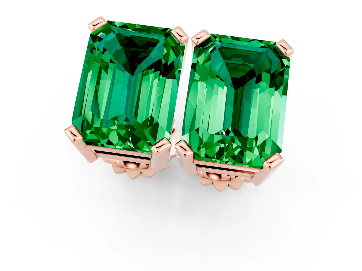 Emerald Cut Emerald Stud Earrings in Rose gold with Basket Setting