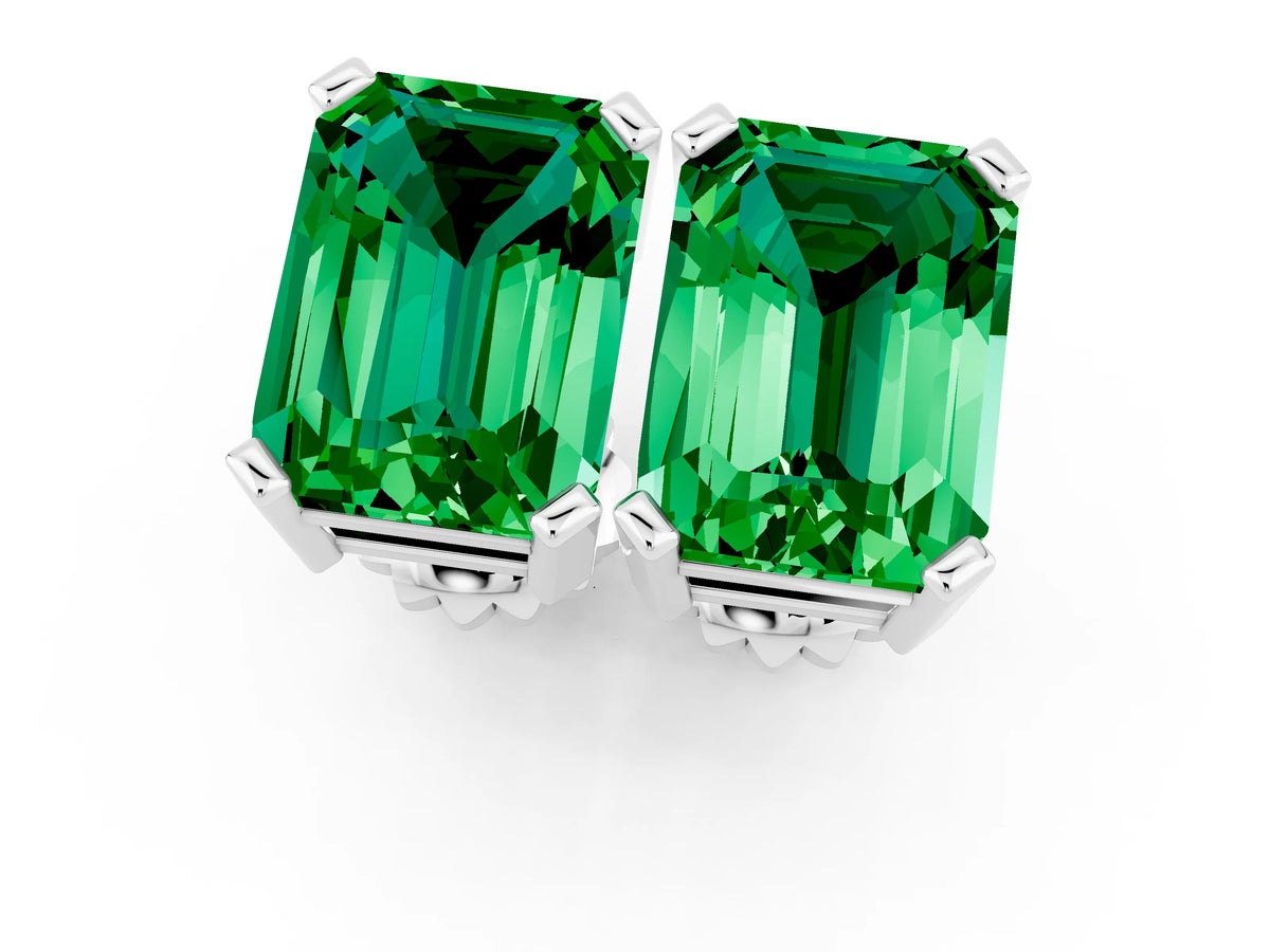 Emerald Cut Emerald Stud Earrings in Silver with Basket Setting