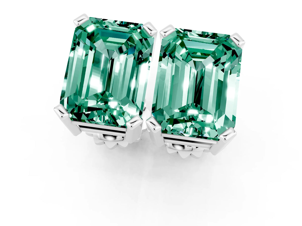 Emerald Cut Green Sapphire Stud Earrings in White gold with Basket Setting