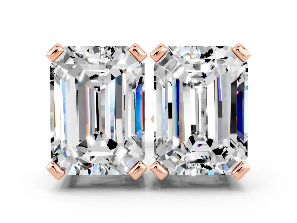 Emerald Cut Moissanite Stud Earrings in Rose gold with Basket Setting