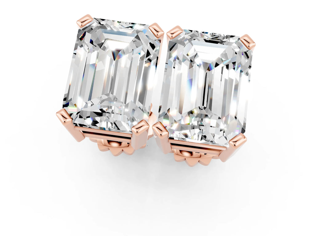 Emerald Cut Moissanite Stud Earrings in Rose gold with Basket Setting